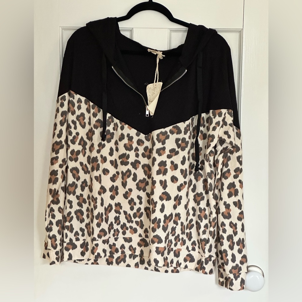 Hem & Thread Black and Tan Leopard and Black mix Material Long Sleeve Hoodie - L
